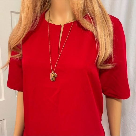 MISOOK TIERED DRESS IN BEAUTIFUL SUNSET RED LOOSE FITTING SHORT SLEEVED NWOT - Picture 2 of 7